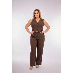 2Pc Outfit Size 2XL Brown Zip Pants and Button Vest Top Casual Dressy New Set